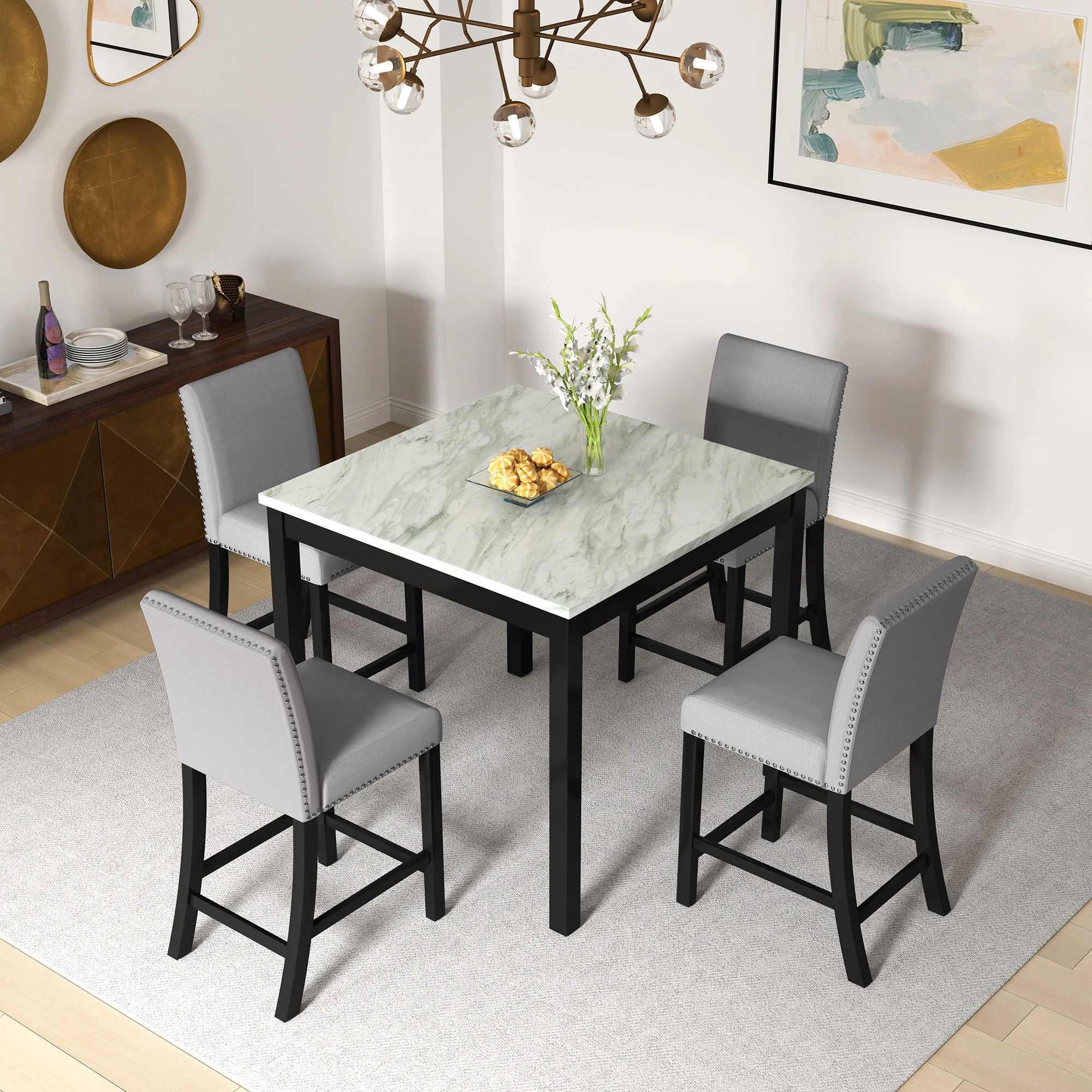 5-Piece Dining Table Set, Wooden Square Counter Height Table with 4 Chairs Modern Mid-Century Compact Dining Set for Small Space