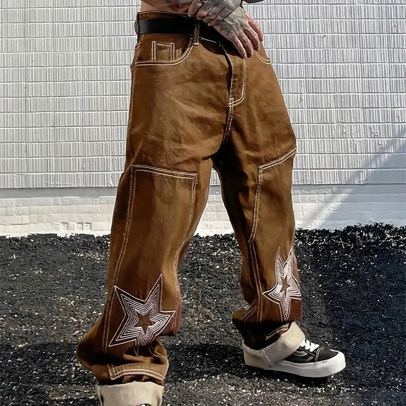 

Модель 2023 года, Зимние Модные уличные прямые джинсовые брюки-карго в стиле хип-хоп, с вышивкой в виде звезд, универсальная мужская одежда