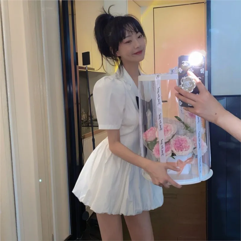 Korean Women V Neck One Piece Dress Short Sleeve Black Elegant Basic Casual Dress Bow Design Female 22 Summer Y2k Dresses Aliexpress