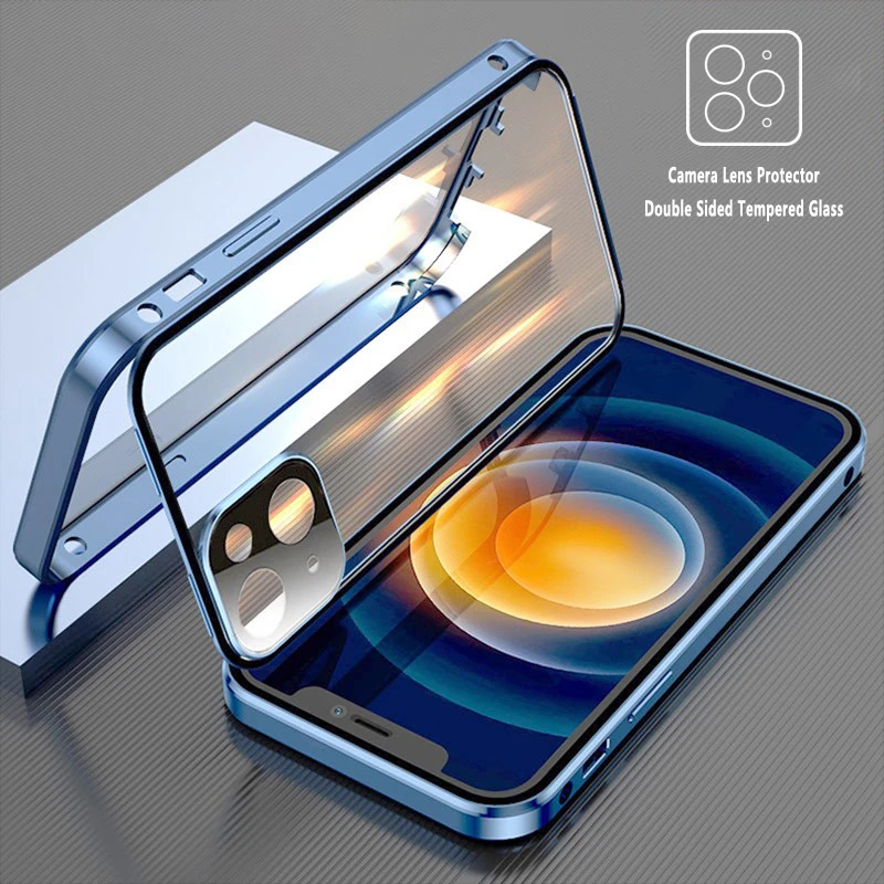360 Double Sided Glass Magnetic Adsorption Metal Case For iPhone 13 12 Mini 11 Pro XS Max XR Camera Lens Protector Film Cover xr phone case