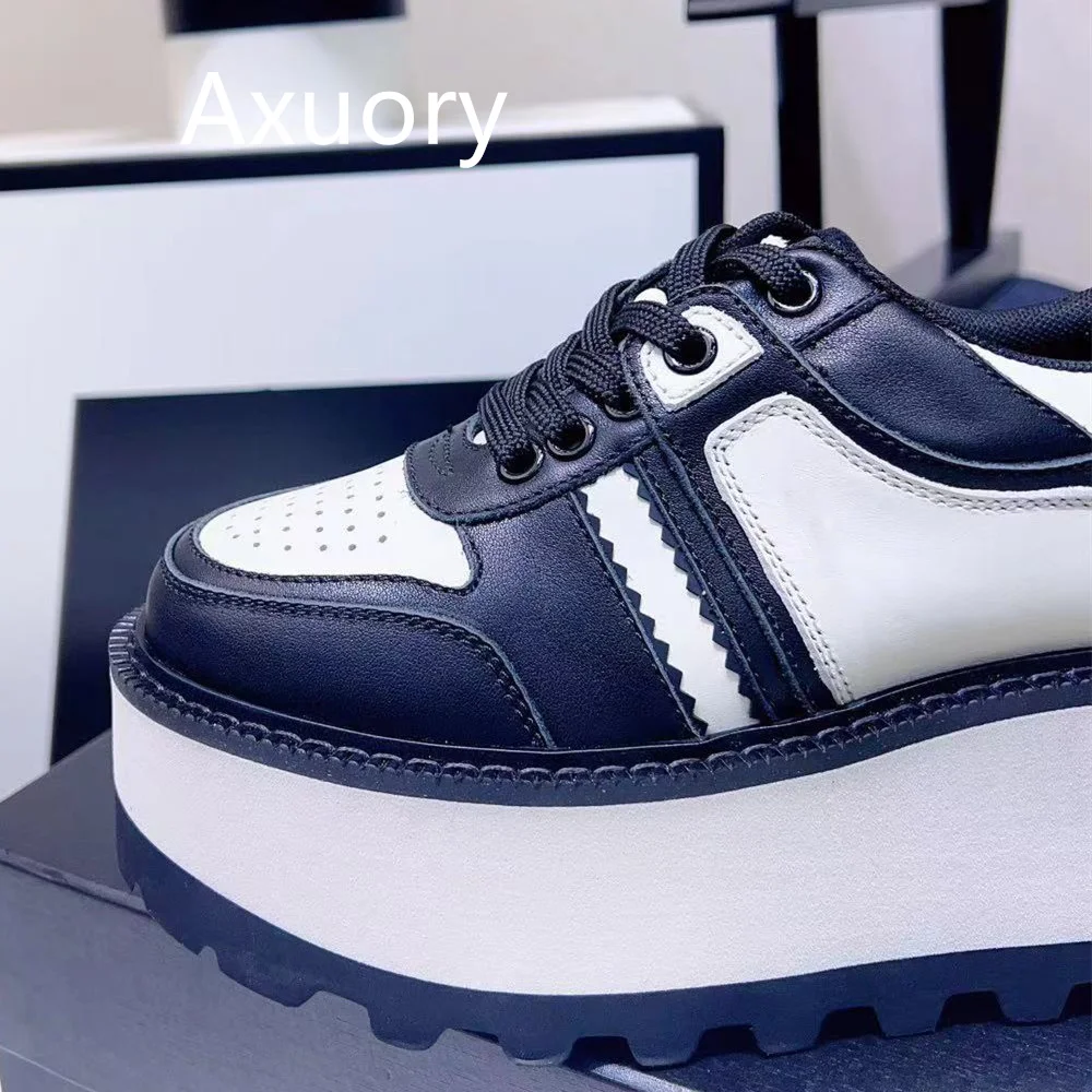 2023 Autumn Women's Thick heeled sneakers Mixed Color Lace-up Genuine Leather High Quality Lovely Style