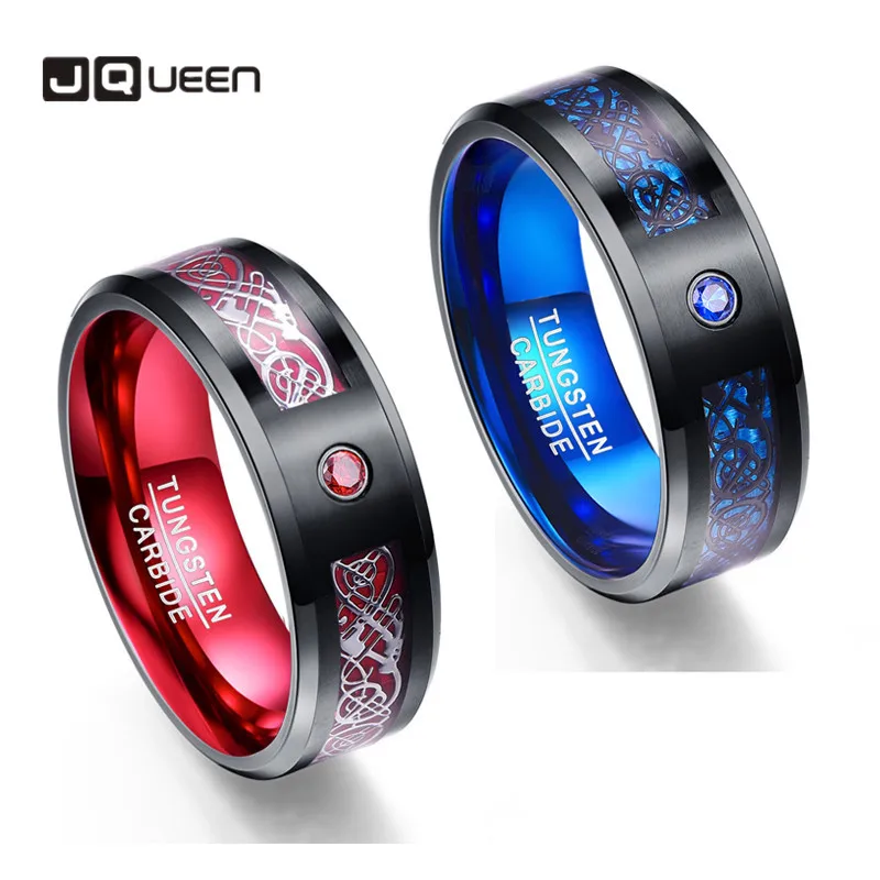 8mm Men's Ring Tungsten Carbide Ring Wedding Band Celtic Dragons Red Green Blue Carbon Fiber Comfort Fit
