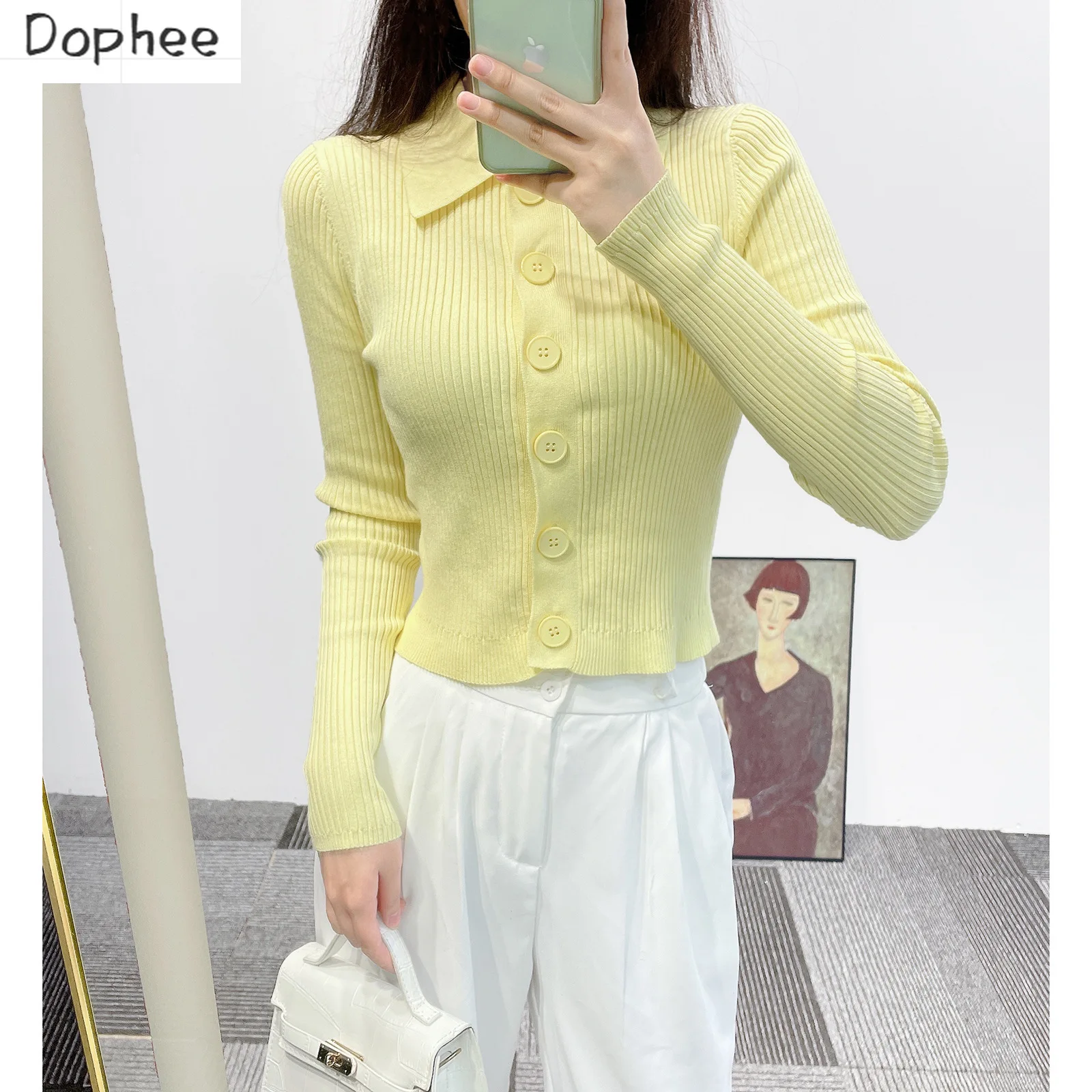 

Высококачественный новый осенний Модный женский вязаный кардиган, универсальный Однотонный свитер с отложным воротником