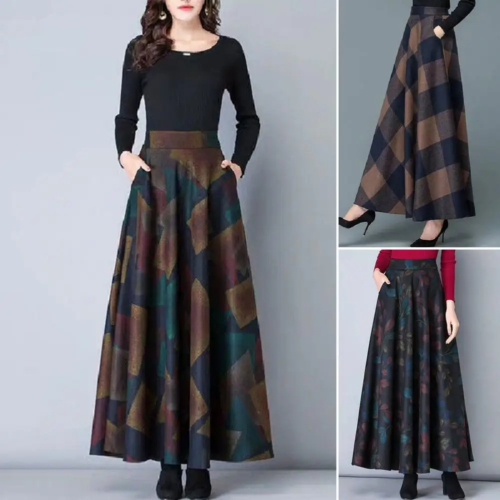 

Elegant Skirt Thick Retro Skirt Cold Resistant Versatile Fashion Women Square Plaid Print A-Line Office Skirt