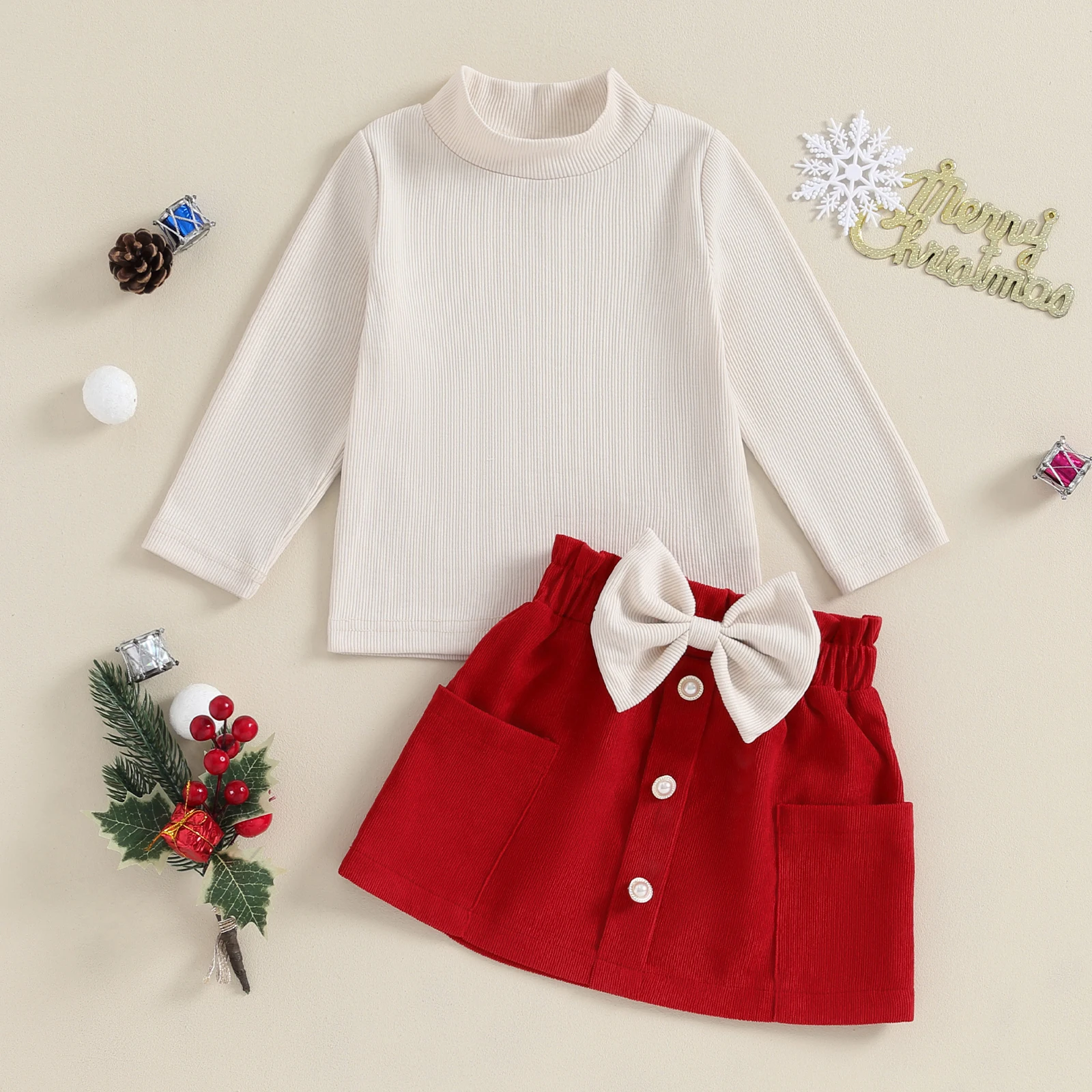 

Listenwind Toddler Girls 2Pcs Fall Outfits Long Sleeve Mock Neck Tops And Pocket Skirt Set Baby Clothes For 1-4 Years