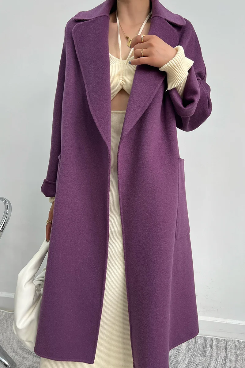 

VERY NOBLE Autumn High-grade Cashmere Long Coat Temperament Self-cultivation High-waist Tie Australian Woolen Coat Women