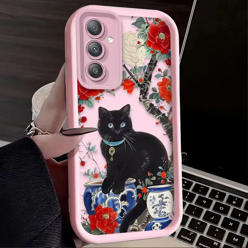 Artistic Black Cat Flower Design Phone Case