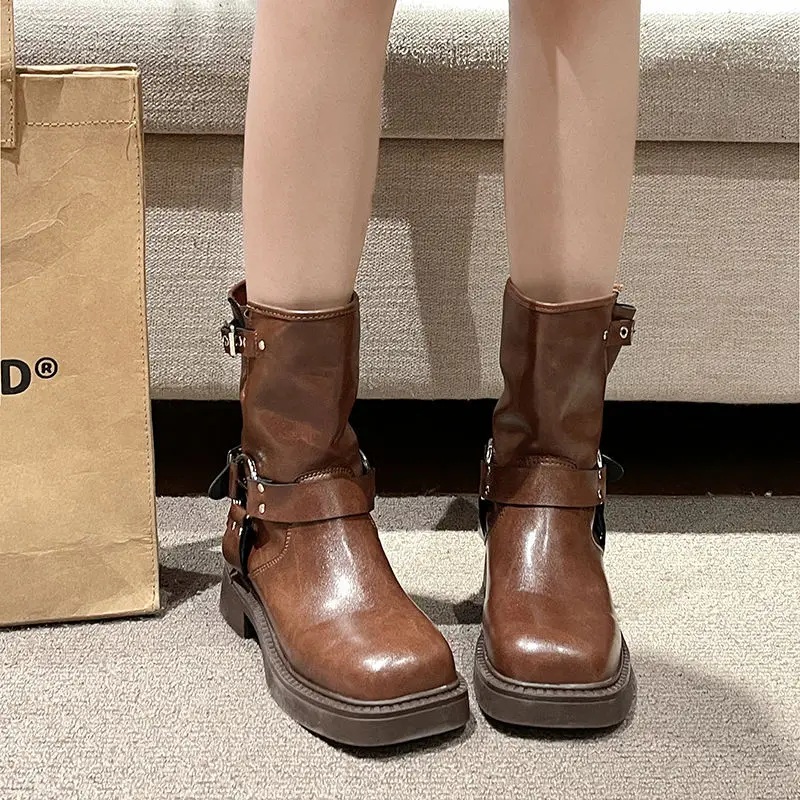 2024 New High Quality Women's Boots Autumn Winter Leather Short Boots Fashion Belt Buckle Shoes Slip on Thick Heels Boots Woman