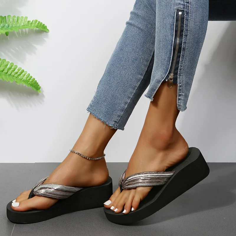 2022 Wedges Sandals Women Plus Size Open Toe Bling Sequins Platform Slippers Women Outdoor Summer Shoes Fashion Flip Flops