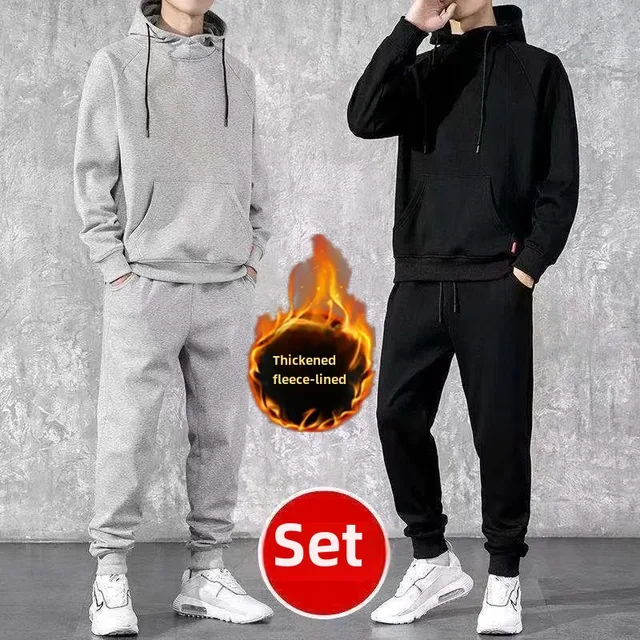 Casual Sports Suit Men S Autumn Winter Fleece Lined Thickened Korean Trendy Sweatshirt Single Piece Set.jpg