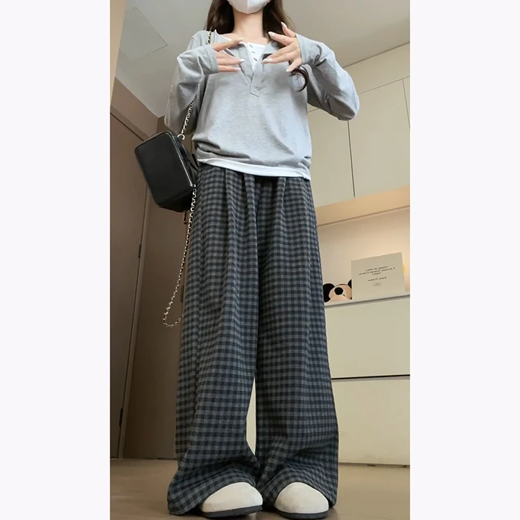 Autumn Winter Plaid Woolen Pants Women's Lazy Straight Leg Drapey Floor-Length Trousers Faionable Slimming High Waist
