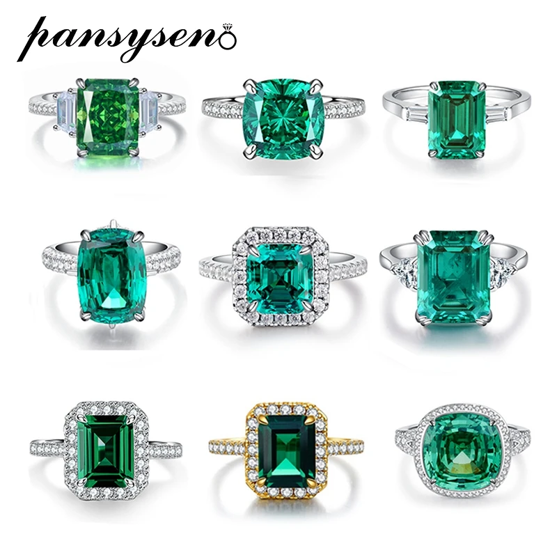 Pansysen Luxury 100% 925 Sterling Silver Emerald Paraiba Tourmaline Ring 18K White Gold Plated Fine Jewelry Brand Drop Shipping