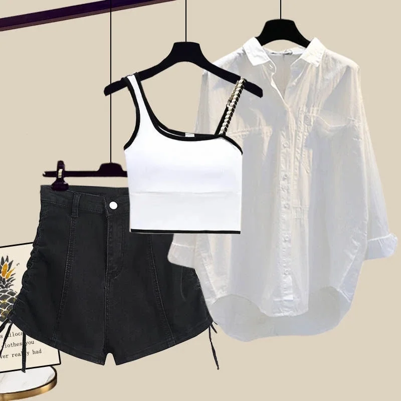 2025 Summer Women's Loose Long Sleeve Shirt And High Waist Skirt Set