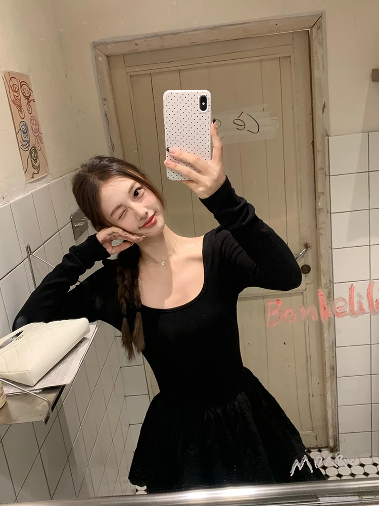 Autumn New Cake Midi Dresses for Women Solid Long Sleeve U-neck Backless A-line Korean Fashion Casual One Piece Vestidos Mujer