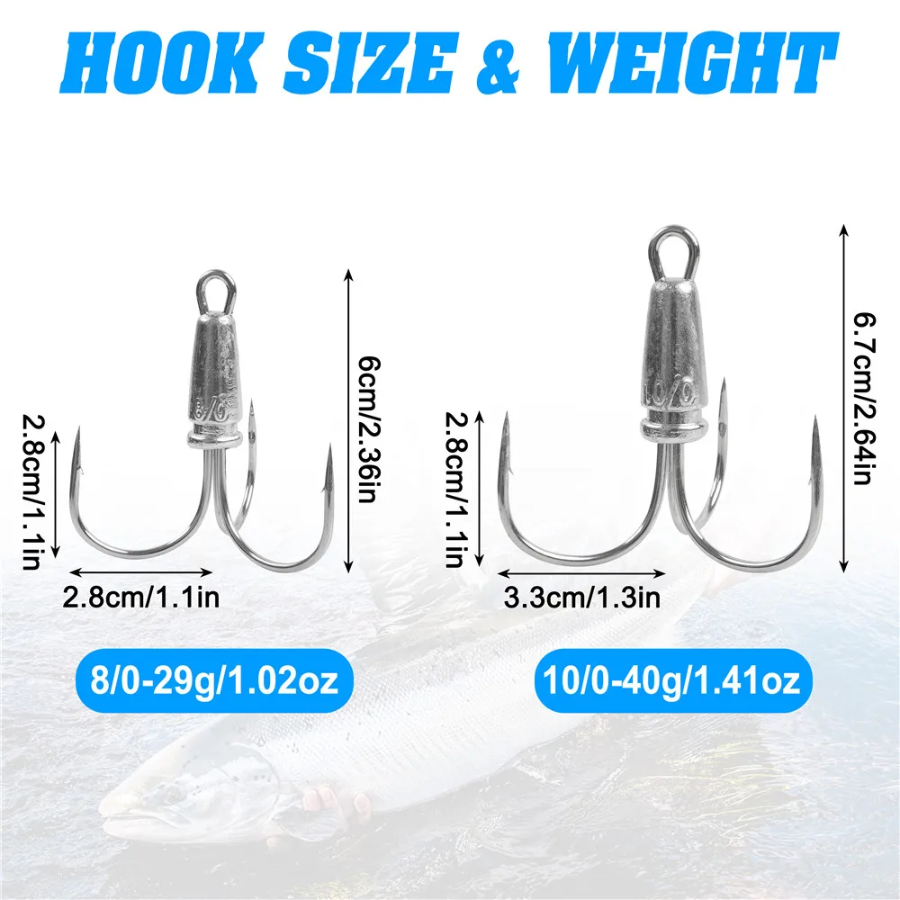 연어 배스 낚시용 스내깅 후크, 대형 트레블 벙커 후크, 가중 트레블 후크, 30g, 40g, 60g, 80g, 10 개