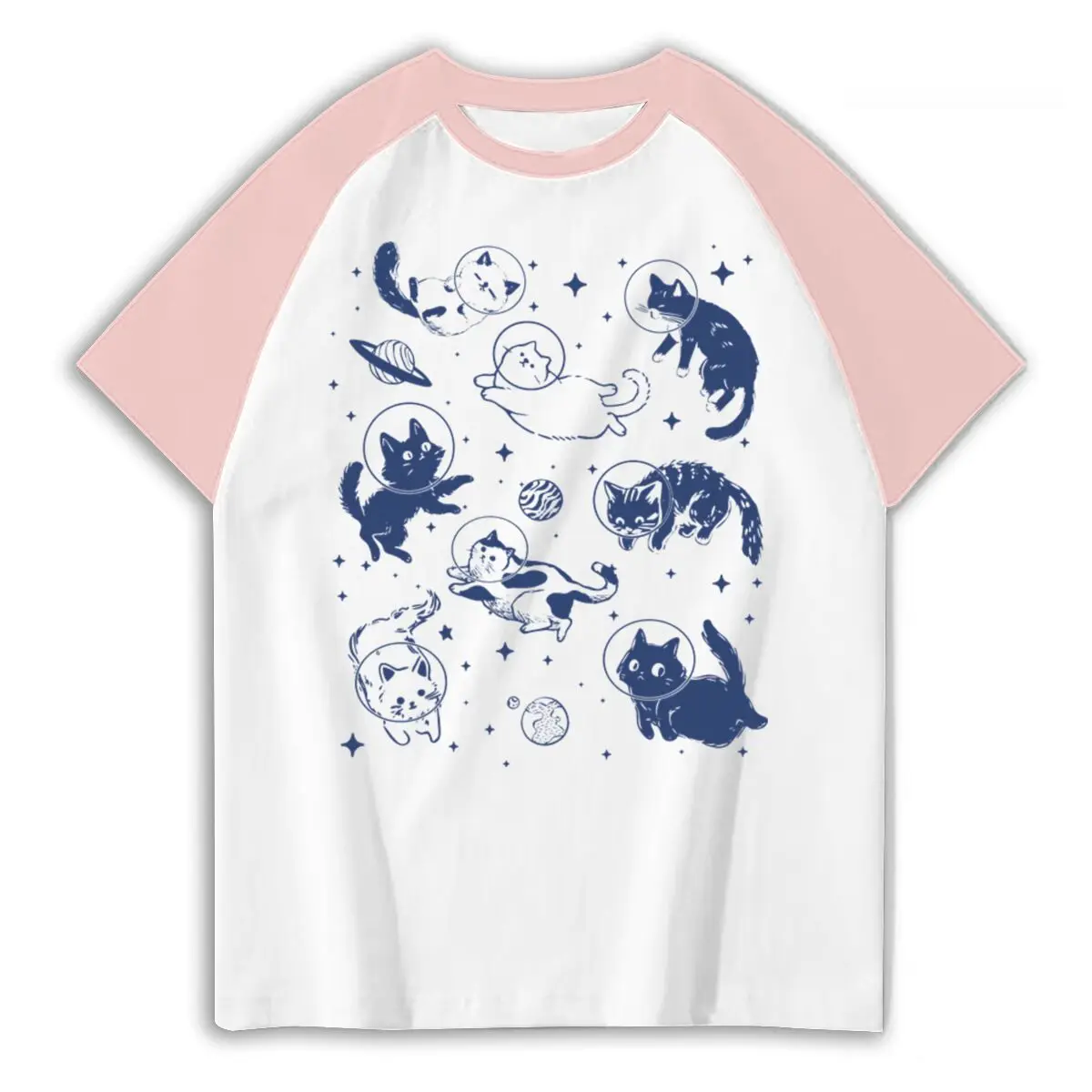 Cute Astronaut Cats Cosmic Print T-Shirt Vintage Raglan Sleeve Cotton Short Sleeve Tees Women's Casual American Style Tshirt 6