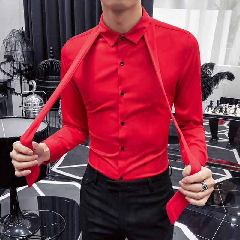 Dress Shirt for Men with Tie Autumn Korean Slim Shirt Men Wedding