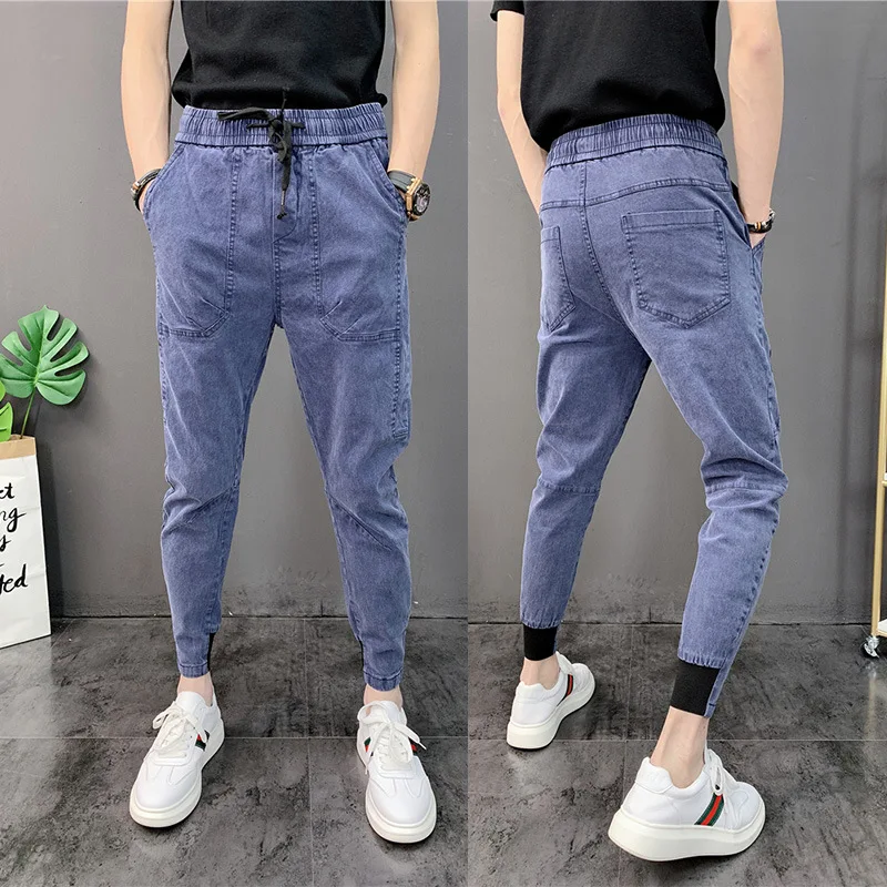 New Thin 2022 New Feet Summer Autumn Solid Color Cropped Trousers Harem Hipster Casual Pants Low Waist Drawstring Jeans