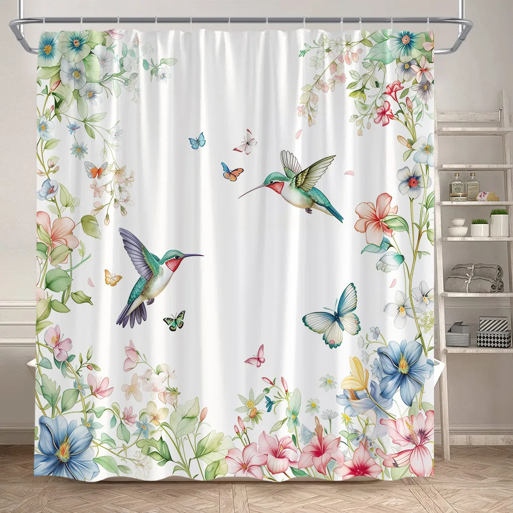 Floral Shower Curtains Blue Pink Flower Butterfly Hummingbird Watercolour Green Leaves Plant Bathroom Curtain Fabric Home Decor