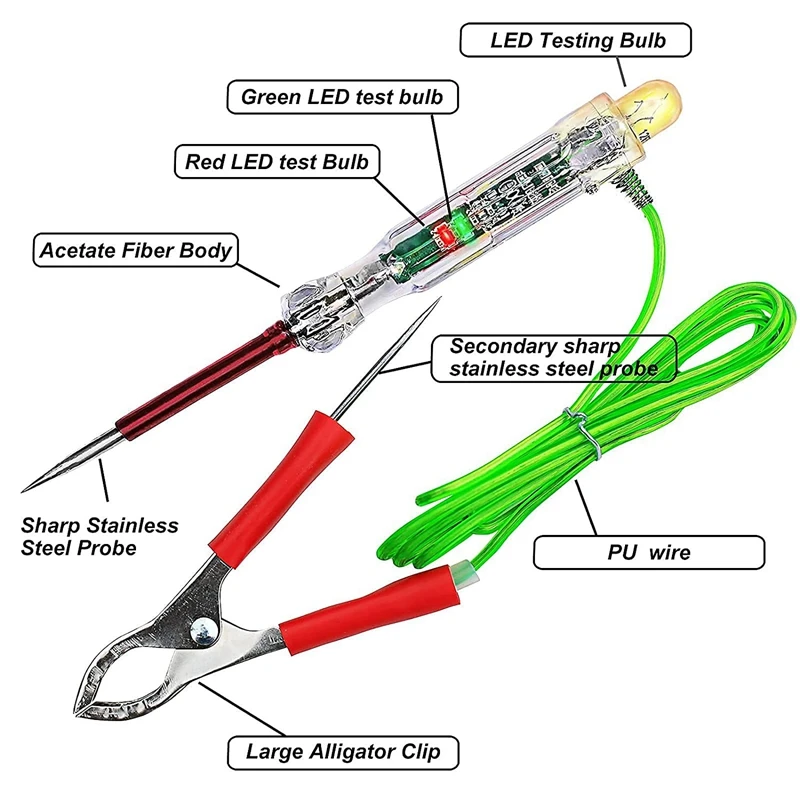 자동차 LED 회로 테스터 듀얼 프로브 테스트 조명, 테스트용 동결 방지 와이어 악어 클립, 5X, 6-24V, 47 인치
