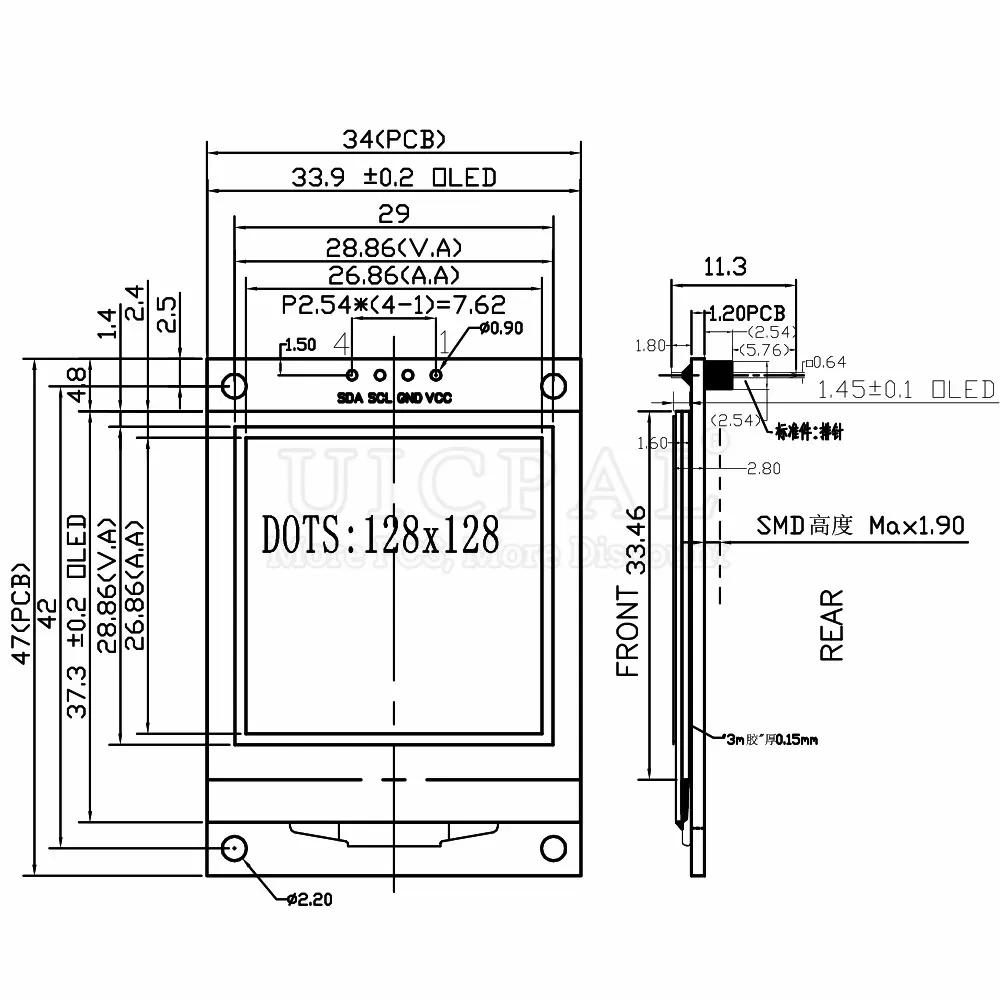 OLED LCD 모듈 화이트 디스플레이 드라이버 칩, 128x128 도트, 3V-5V SH1107 COG I2C IIC 4 핀, 1.5 인치