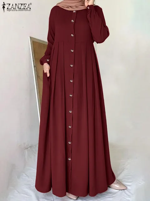 ZANZEA Femme Spring Solid Muslim Dress Abaya Kaftan O Neck Full Sleeved  Tunic Robes Bohemian Casual Elegant Islamic Dresses| | - AliExpress