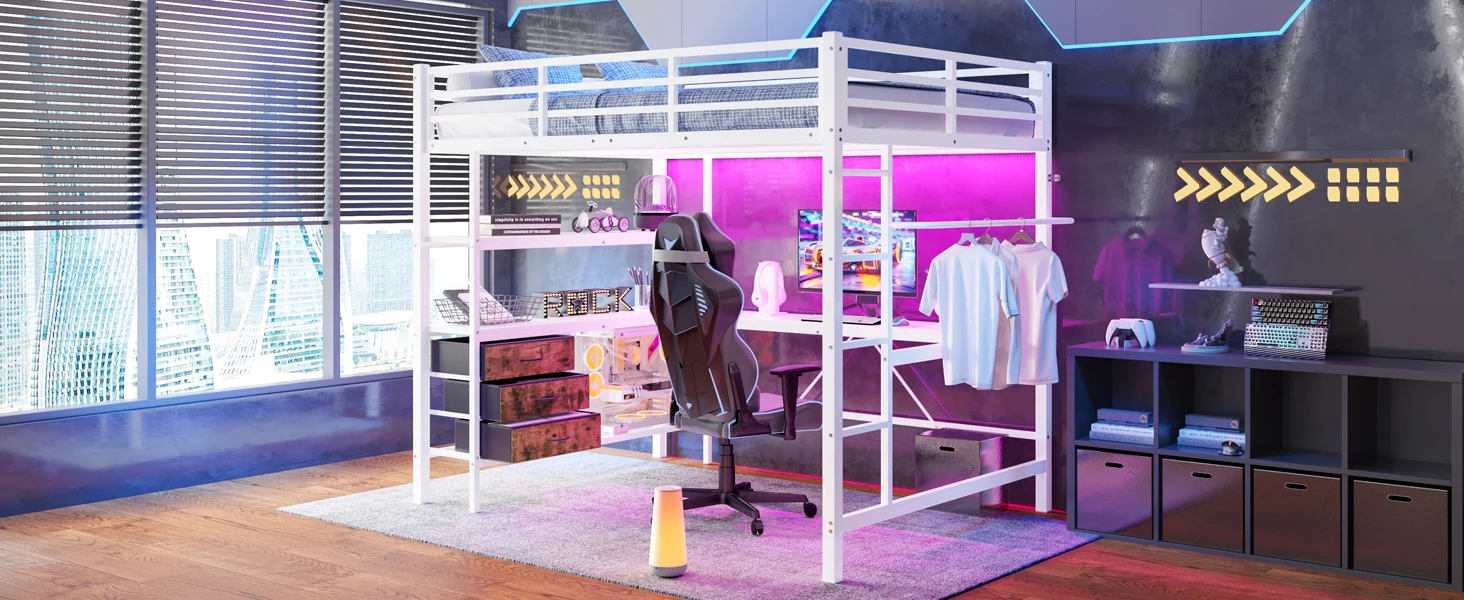 Hochbett mit LED-Beleuchtung, Schreibtisch, Steckdose + USB-Anschluss, 3 Schubladen, Regalen, Geländer, Treppe, ohne Matratze, weiß – Detail 24