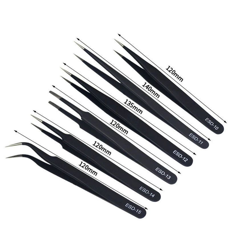 ESD Anti-Static Precision Tweezers Stainless Steel Professional Industrial Vacuum Medical Electronic Tweezers Set Repair Tools