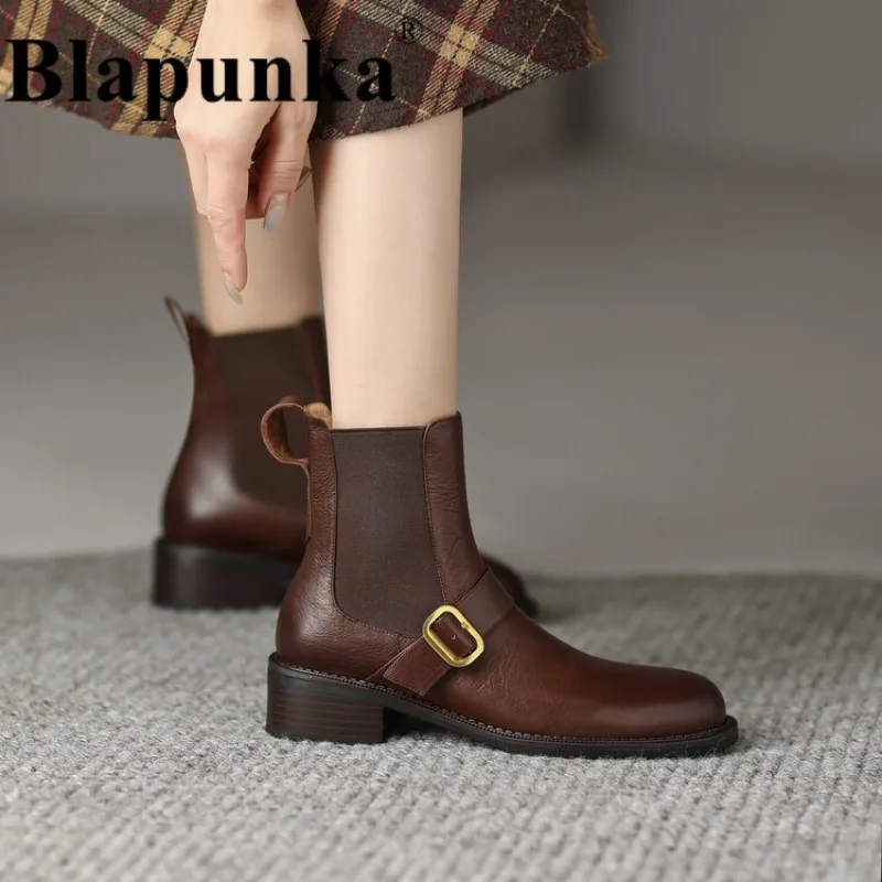 

Blapunka Women Real Genuine Leather Boots Belt Buckle Block Heeled Retro Ankle Chelsea Boots Hand Made Shoes Ladies Autumn 34-41