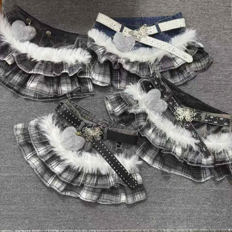 Hot Girl Aesthetic Darkly Short Skirt Gothic Grey Patchwork Plaid Cowboy Skirts Women Design High Street Vintage A-line Outfits - Image 4
