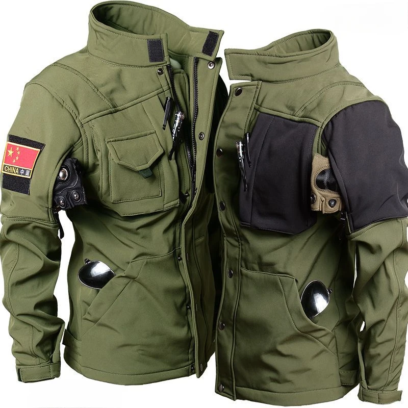 Outdoor Men Shark Skin Soft Shell Set Fleece Warm Tactics Suit Multi Pocket Wear-resistant Charge Jacket+Waterproof Pant 2-piece 2