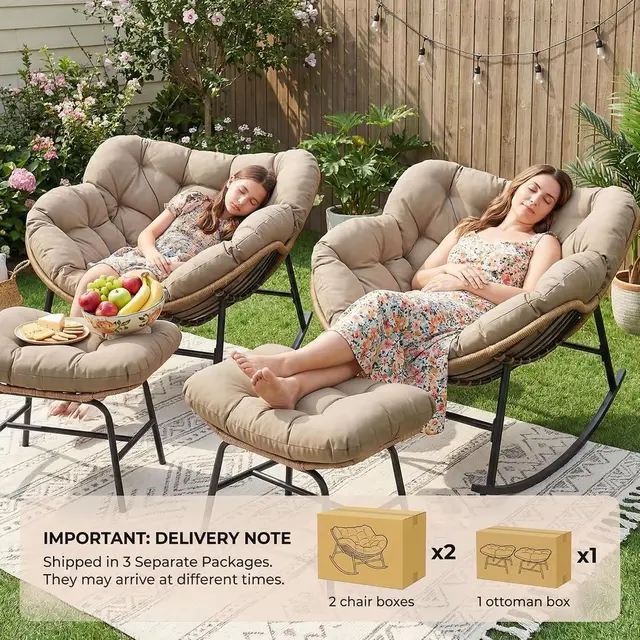 Oversized Double Rocking Egg Chair Set with Cushions, Outdoor-Friendly Wicker Relaxation Chairs, Heavy-Duty 450 lbs Cap