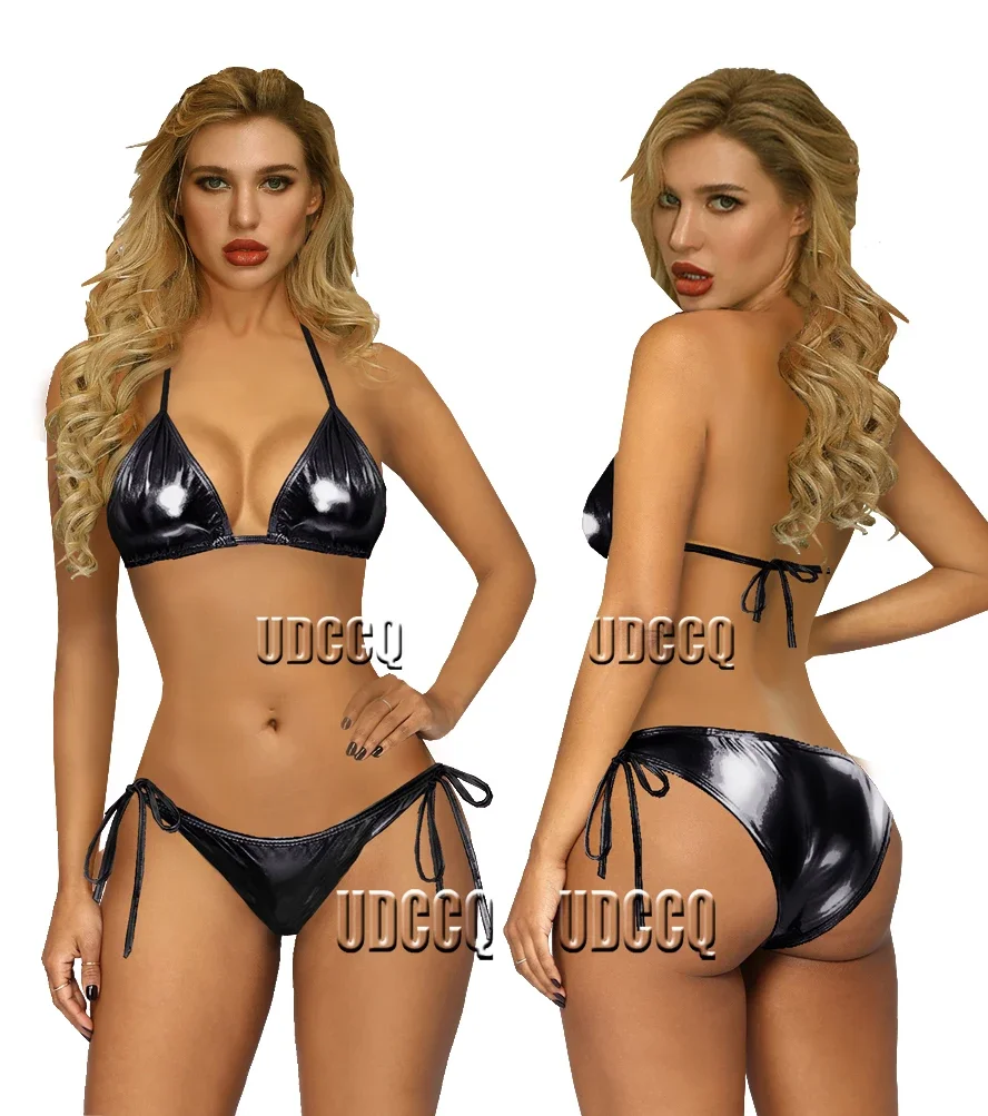 Sexy Metallic PVC Faux Leather Underwear Babydoll Lingerie