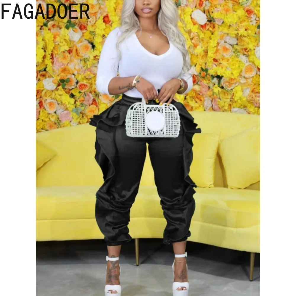 FAGADOER Black Fashion Ruffle Design Pants Women High Waisted Skinny Trousers Autumn Female Solid Color Matching Sporty Bottoms