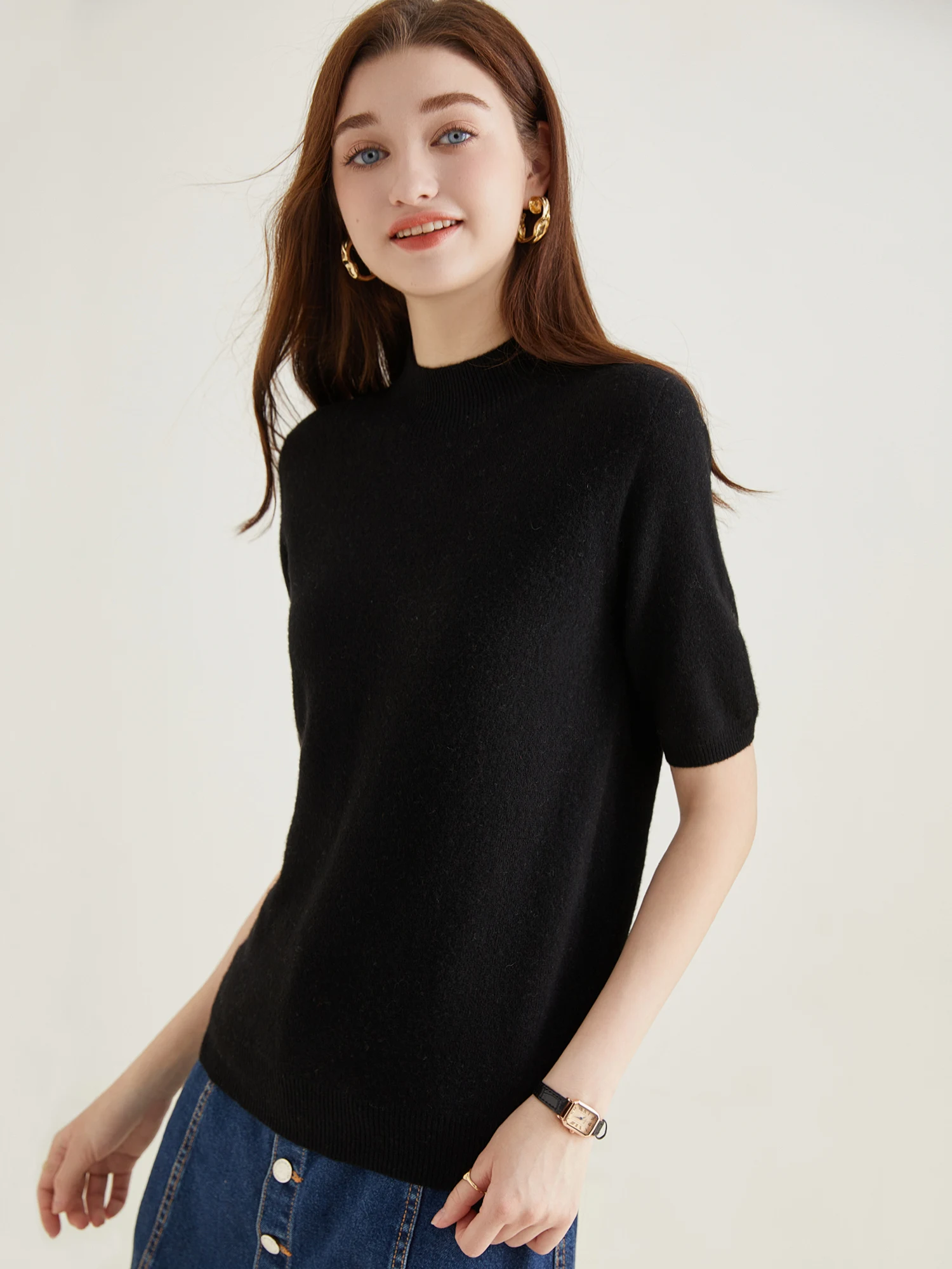 Wool Top Women's Sweater Knitwears Short Sleeve Pullover 100% Wool Half Turtleneck Sweater for Women Knit Jumper Female Clothing