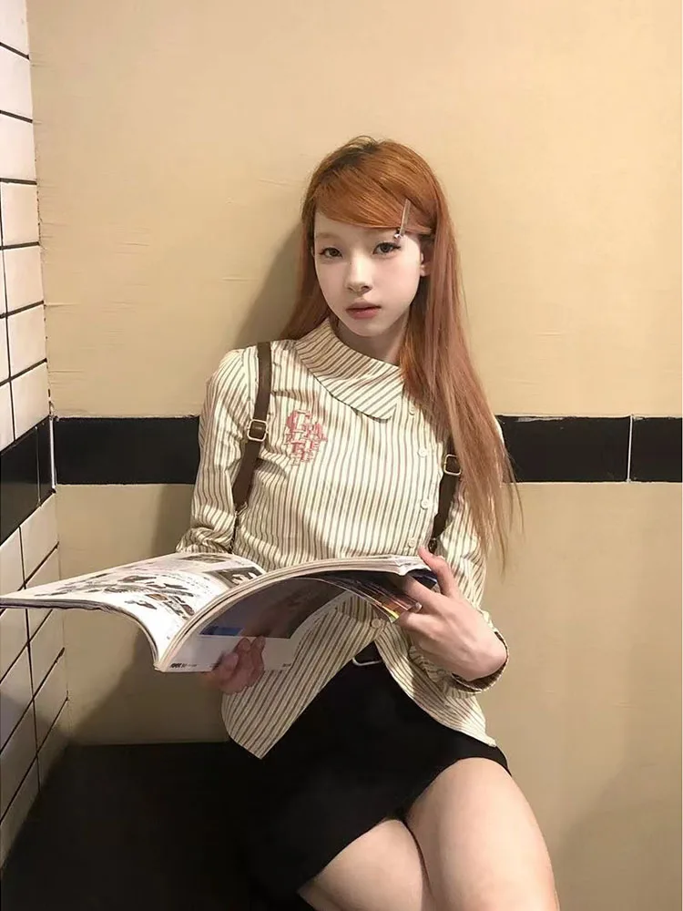 

Y2K Striped Letter Embroidery Blouse Women Vintage Korean Fashion Long Sleeve Slim Waist Shirts Harajuku Casual Slit Tops Female