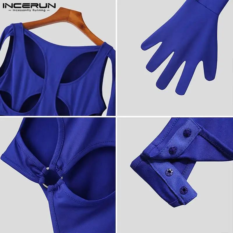 Stylish Well Fitting New Men Bodysuits INCERUN Hollow Structural Splicing Jumpsuit Fashion Male Triangular Thimble Rompers S-5XL