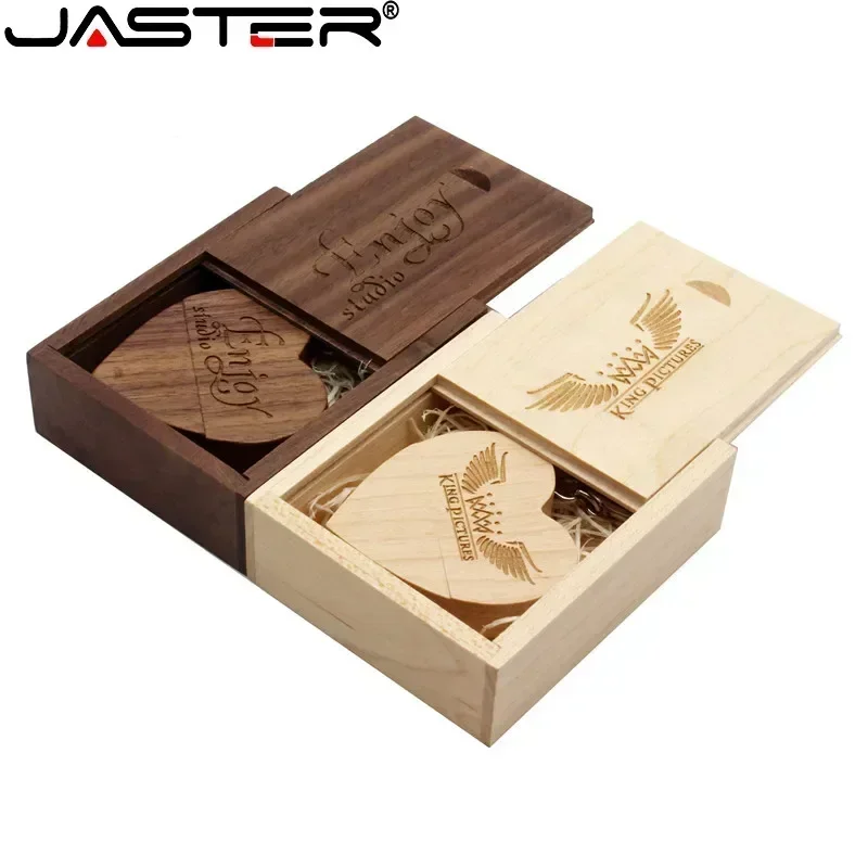 JASTER 펜 드라이브 호두 나무 하트 + 상자 USB 2.0 플래시 드라이브 무료 맞춤형 로고 메모리 스틱 열쇠 고리 결혼 선물 U 디스크 8G