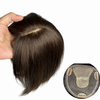 Topper per capelli umani con base in pizzo 10x12 cm per donna, frangia a taglio dritto, toupet realistico naturale con clip per la perdita dei capelli