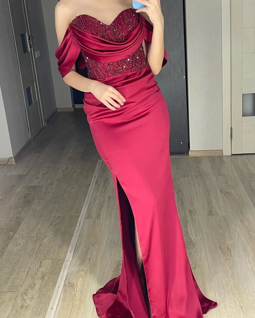 

Burgundy Satin Mermaid Evening Dress For Women Sleeveless Off Shoulder Sweetheart Long Slim Fit Fairy Party Gowns Vestido