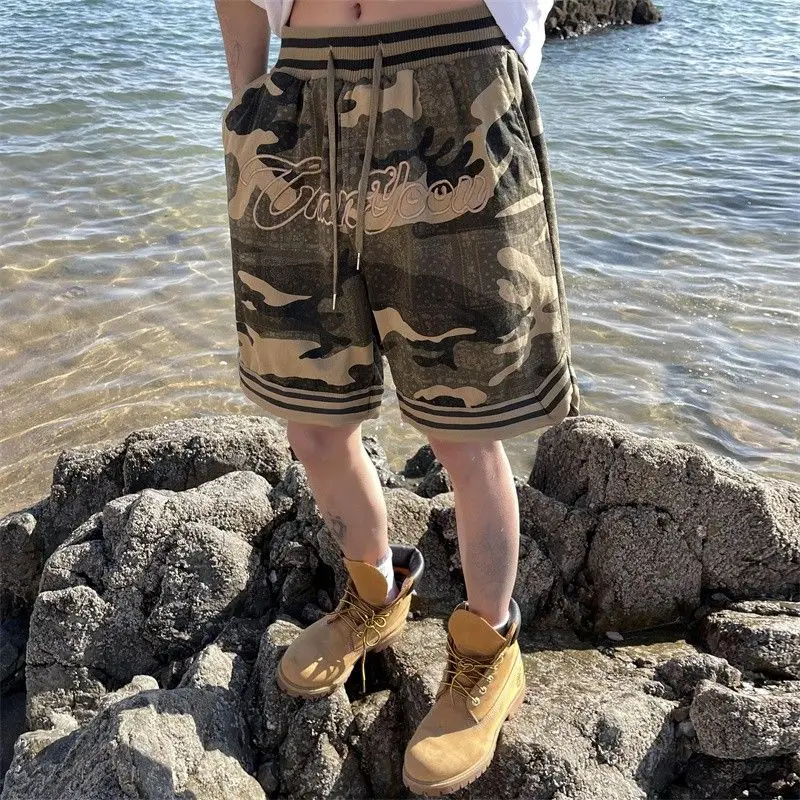 Camouflage Letter Embroidered Street Shorts Summer Loose  Drawstring Y2K Shorts Fashion Casual Sports Shorts Women Men