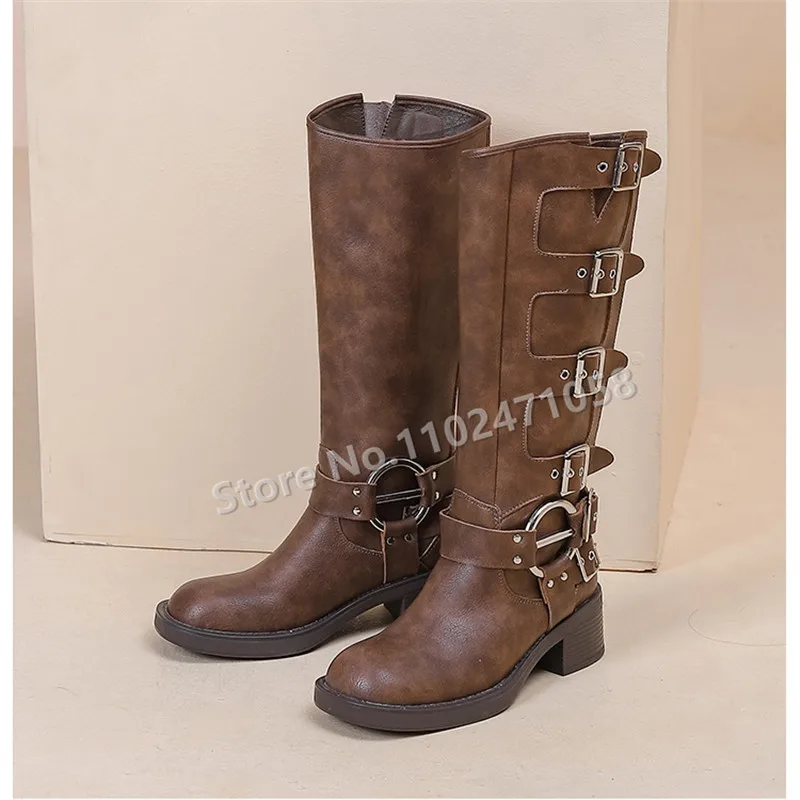 

British Style Knee Hight Buckle Decor Women Long Boots Fashion Round Toe Chunky Heels Mototcycle Boots Summer 2023 Ladies Shoes