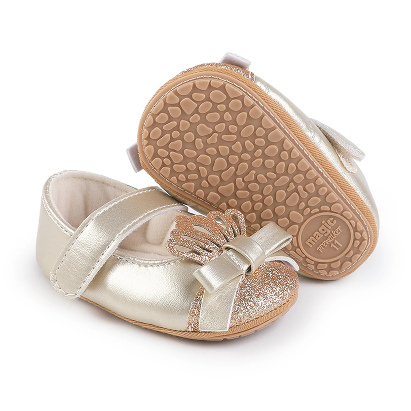 MISOWMNJOY Sequin Baby Girls Shoes Princess Newborn Mary Jane Flats Glitter Crown Bow Dress Shoes Non-Slip Newborn Crib Shoes 6