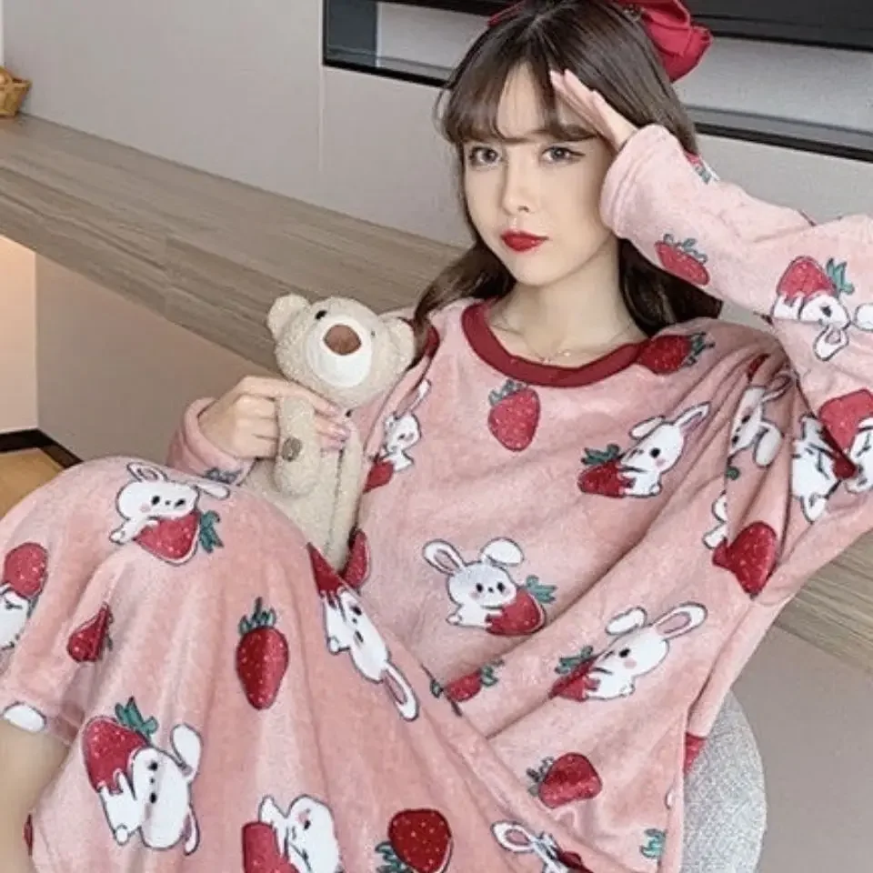 

Nightgowns Women Coral Velvet Printed Korean Style Leisure Daily Womens Student Loose Kawaii Elegant New Soft Comfortable Warm