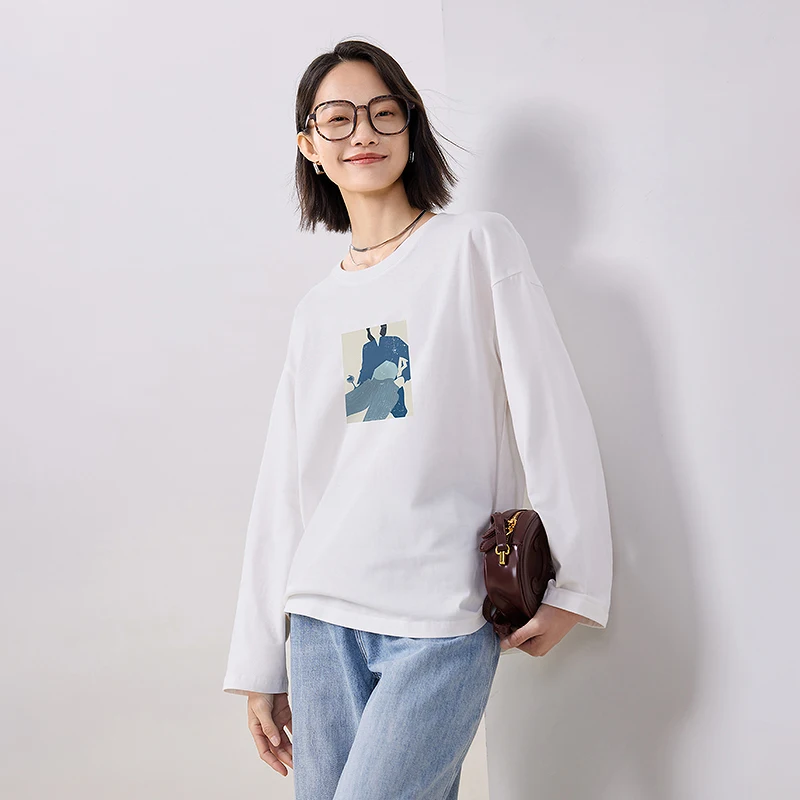 

Toyouth Women Tees 2023 Autumn Long Sleeves O Neck Loose T-shirt Art illustration Printing Cotton Casual White Blue Pink Tops