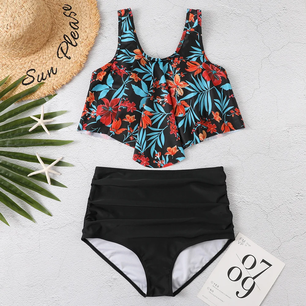 2020 Women Ruched High Waist Bikini 2019 Plus Size Swimwear Summer Swimsuit Flamingos Beach Bathing Suit Ruffle Bikini Mujer crochet bikini set