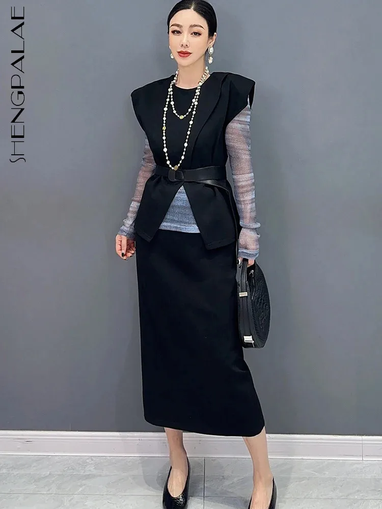 

SHENGPALAE 2024 Summer New Women's Set Sleeveless Top Kam Shoulder Split Long Dress 2 Piece Sets Elegant Fashion Dresses 5R9910