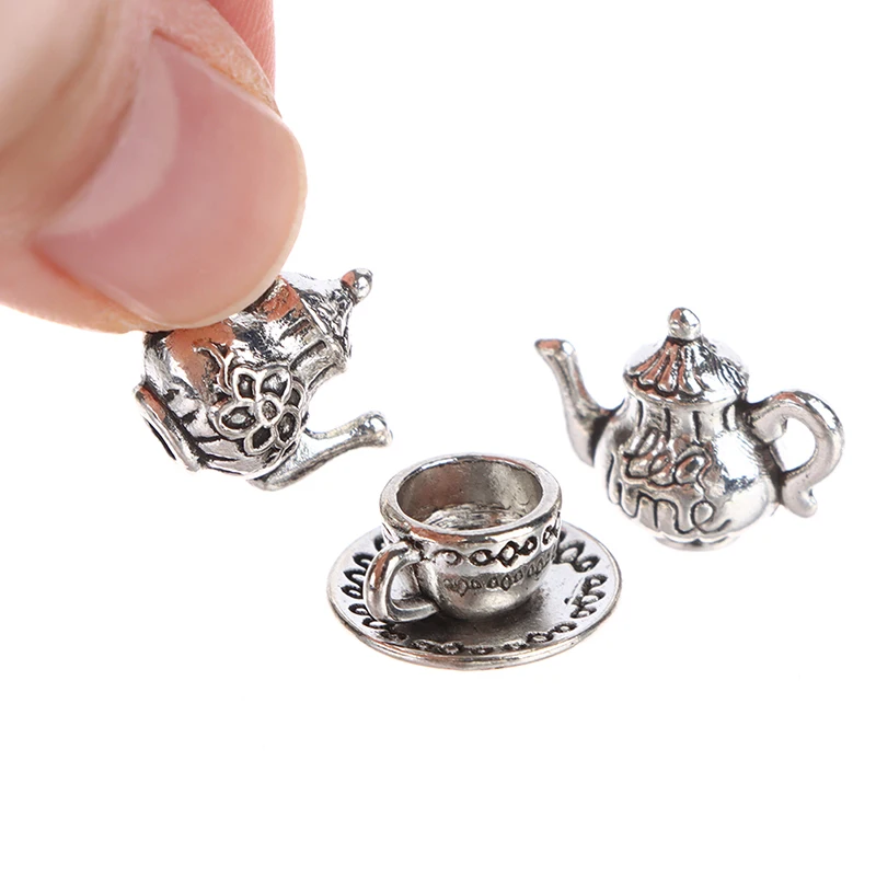 3Pcs/set 1:12 Dollhouse Miniature Furniture Mini Metal Tea Set 1 Teapot 2 Tea Cups Set Modle Toys Dining Doll House Accessories