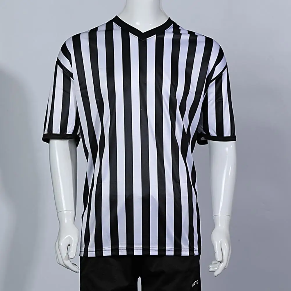 Striped Referee Uniform Short Sleeve V-neck Referee Wearing Men Football Basketball Court Shirt Sporting Goods Collared T-shirt