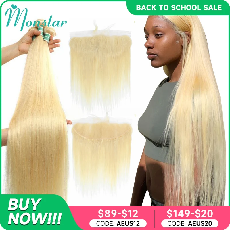 613 Blonde 13x6 Frontal Brazilian Remy Straight Human Hair Bundles 3-4 Bundle with Frontal Closure 613 Hd Lace 13x4 human hair bundles